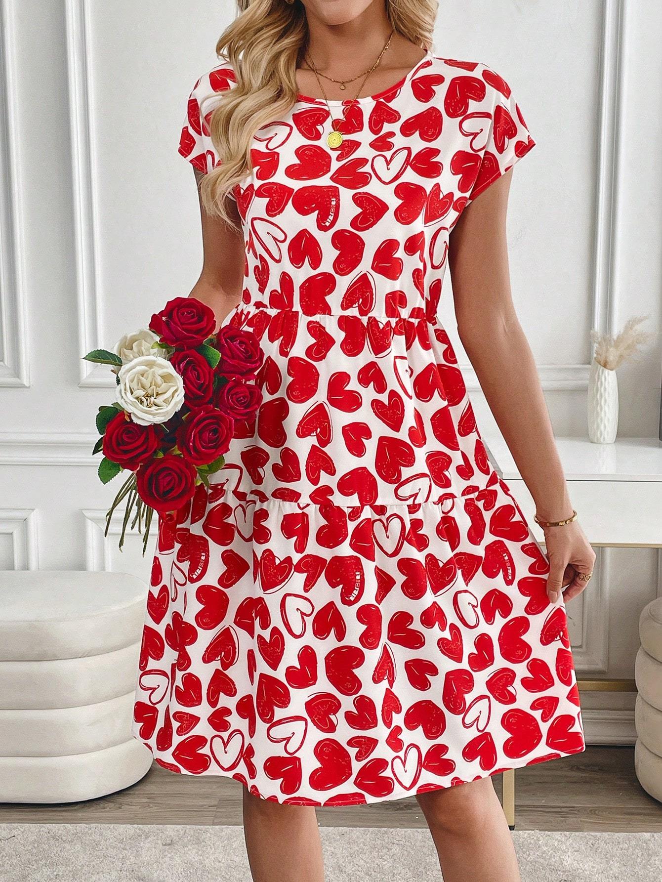 Women's Valentine's Day Heart Print Round Neck Short Sleeve Short Casual Dress