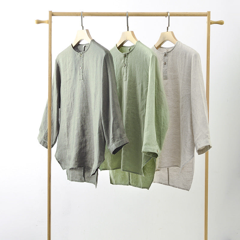 Casual Linen Men's Simple Round Neck 34 Sleeves Linen T-shirt Loose Breathable Top