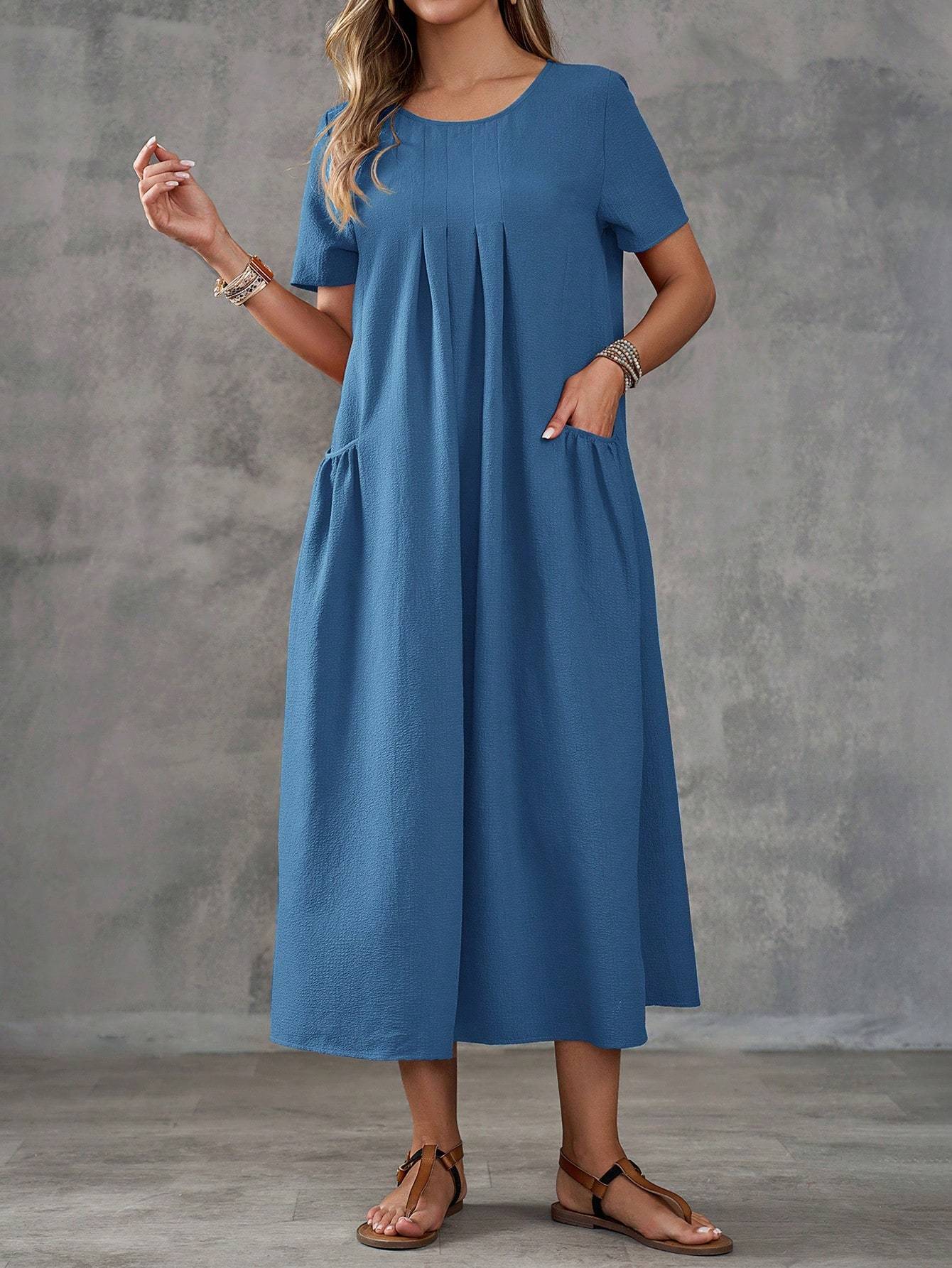 Solid Color Dual Pocket Casual Beach Dress for Women