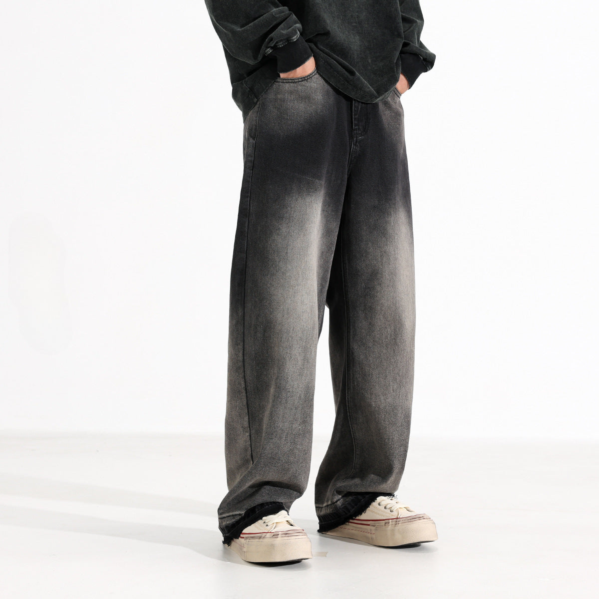 American-Inspired Heavy-Washed Black & Gray Straight-Leg Jeans for Men