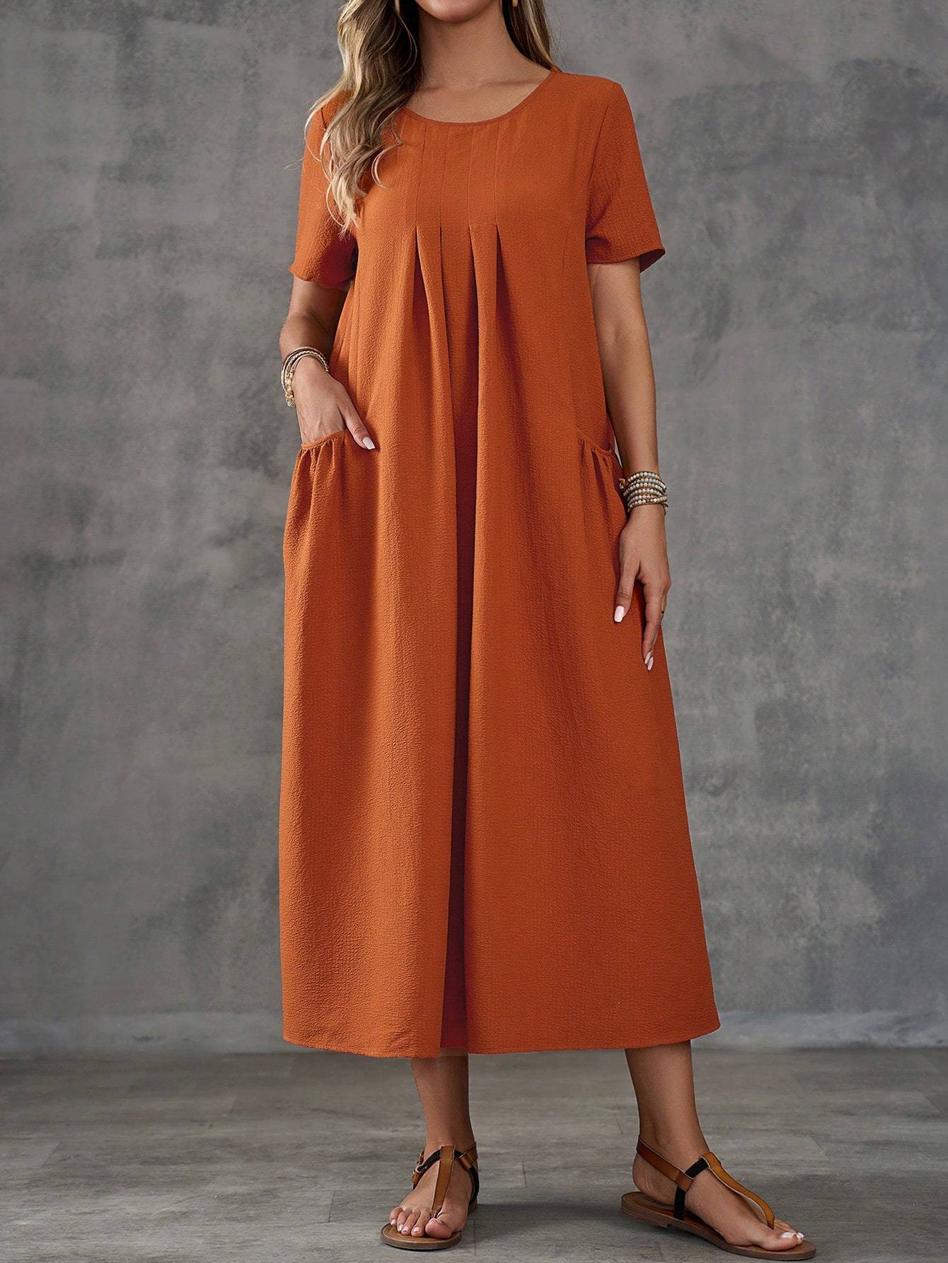 Solid Color Dual Pocket Casual Beach Dress for Women