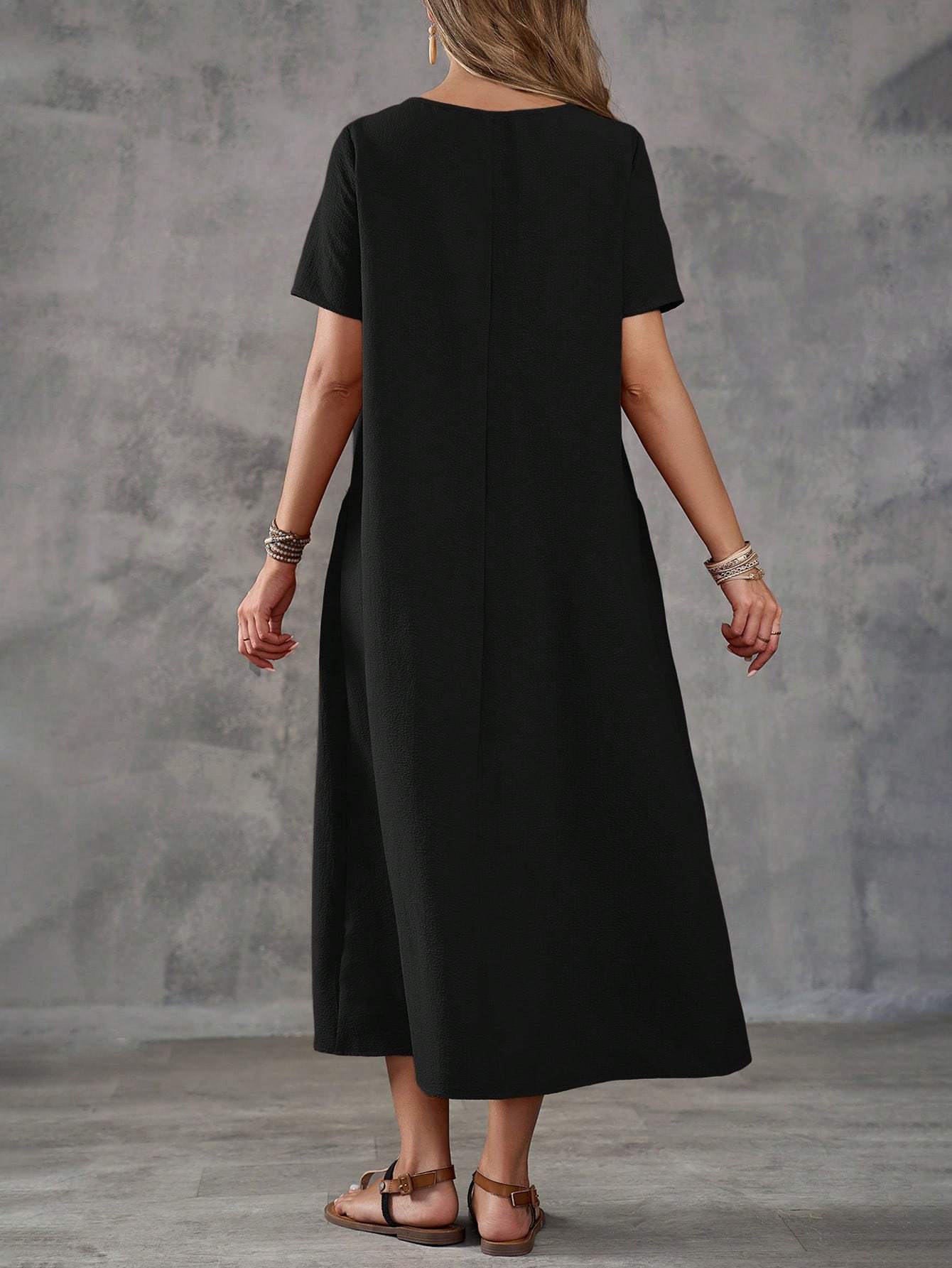 Solid Color Dual Pocket Casual Beach Dress for Women