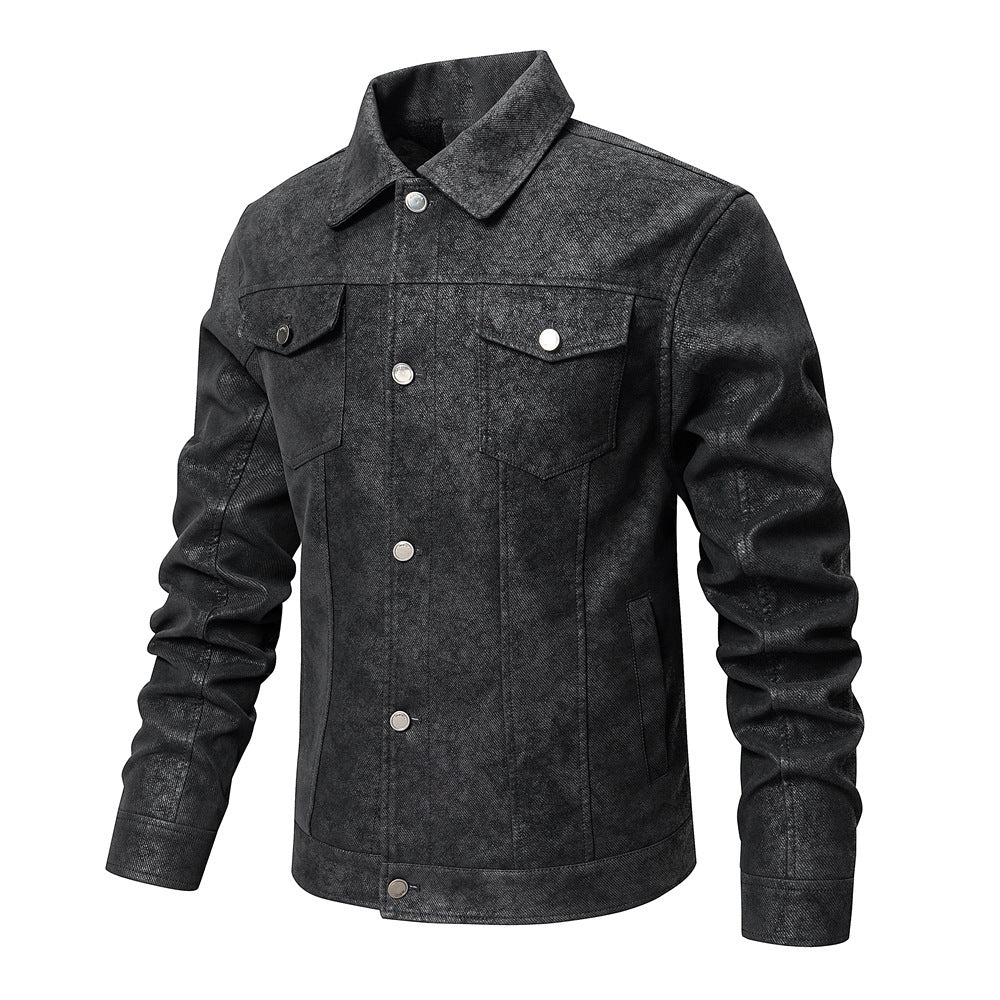 Men's Lapel Leather Jacket Chest Button Pocket Casual Slim Fit