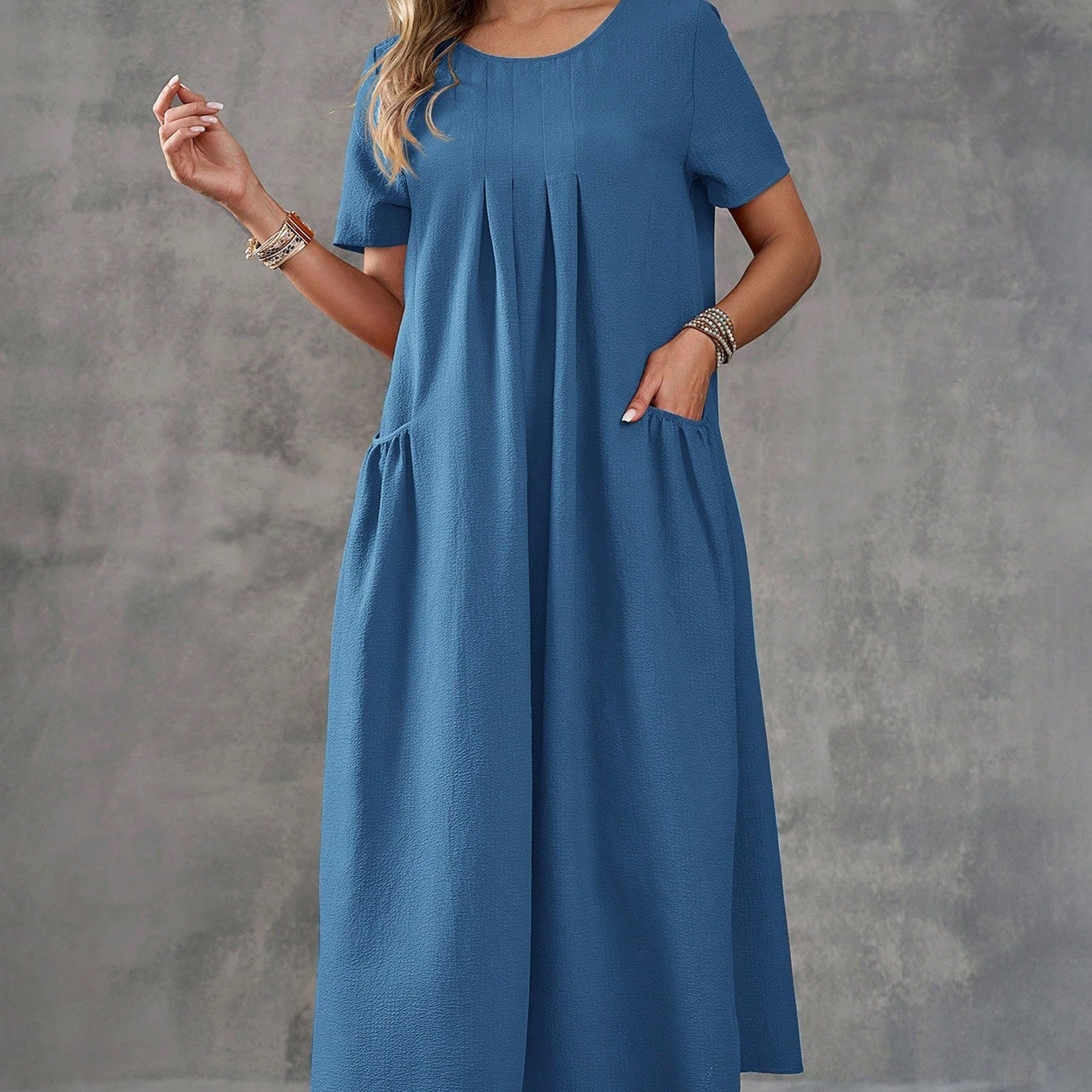 Solid Color Dual Pocket Casual Beach Dress for Women