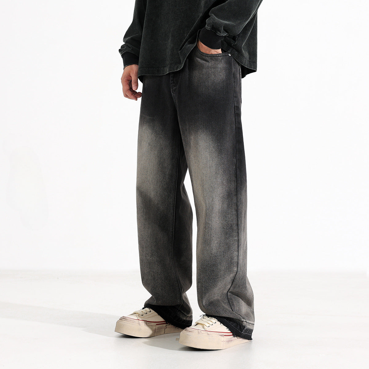 American-Inspired Heavy-Washed Black & Gray Straight-Leg Jeans for Men