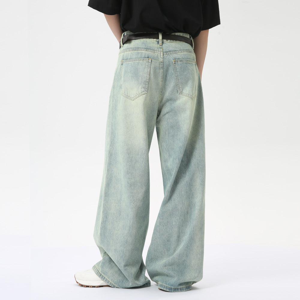 Retro Light Color Stitching Design Straight Wide Leg Jeans