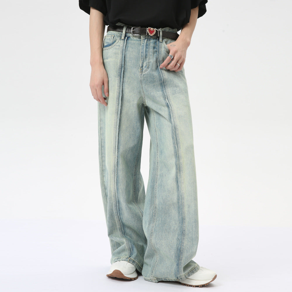 Retro Light Color Stitching Design Straight Wide Leg Jeans