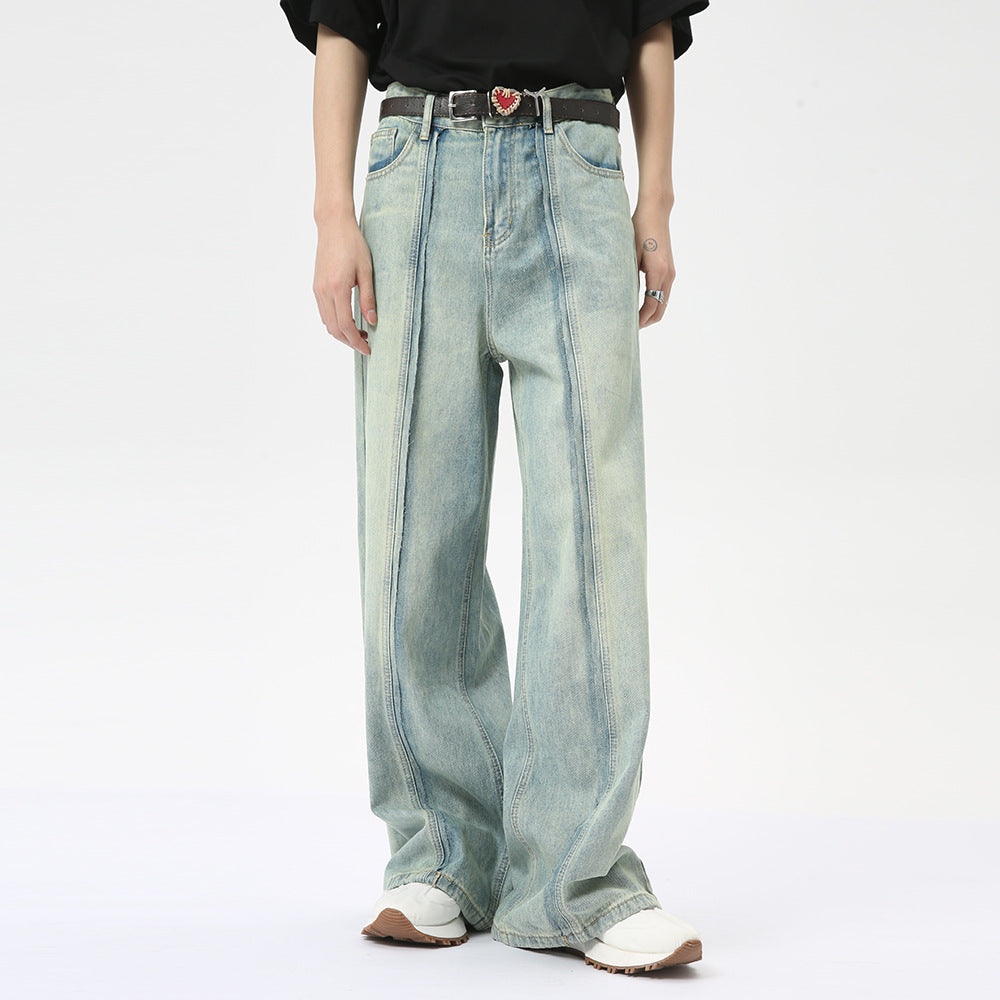 Retro Light Color Stitching Design Straight Wide Leg Jeans