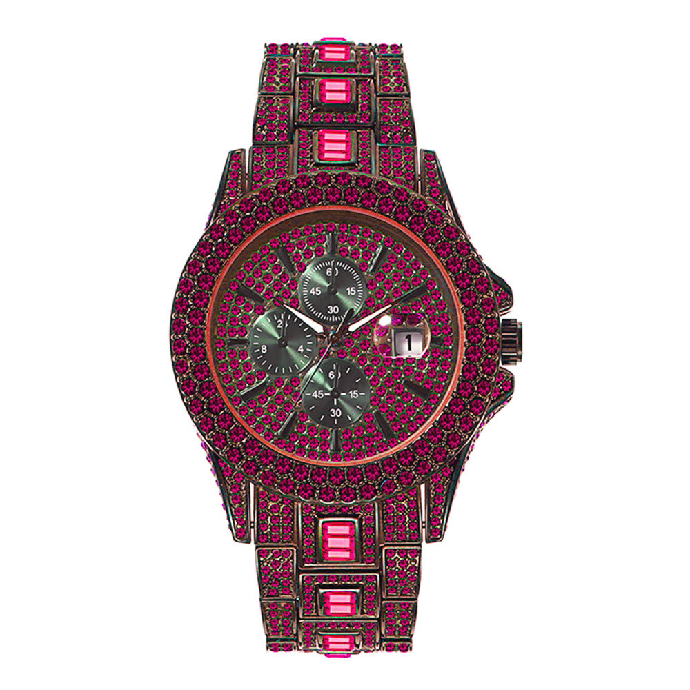 Hip Hop Full Diamond Colorful Crystals Men's Luminous Quartz Watch