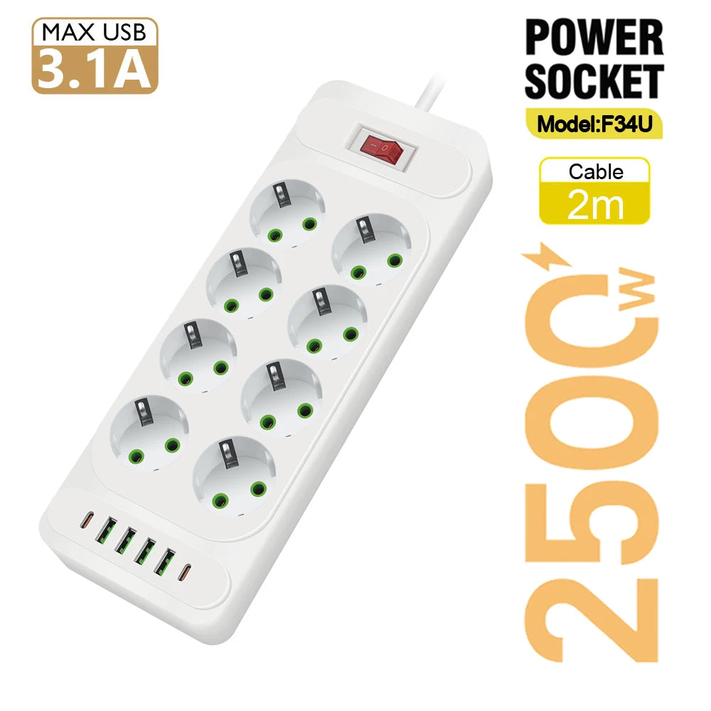 EU Plug Power Strip with 6 Outlets & 5 USB Ports