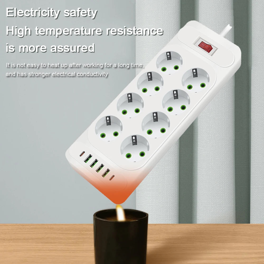 EU Plug Power Strip with 6 Outlets & 5 USB Ports