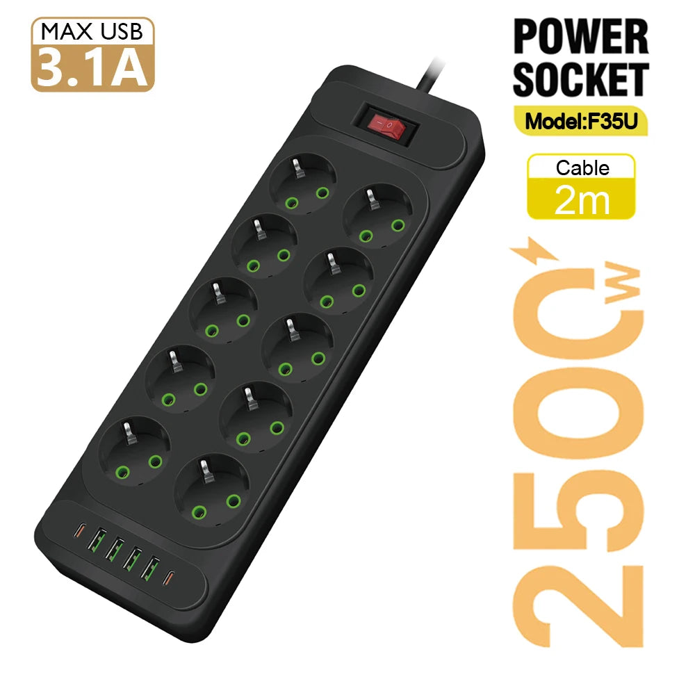 EU Plug Power Strip with 6 Outlets & 5 USB Ports