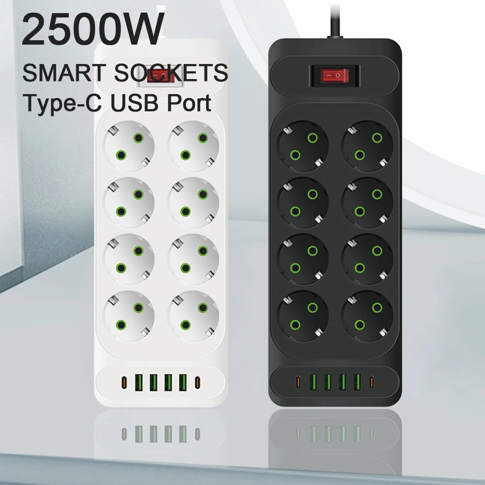 EU Plug Power Strip with 6 Outlets & 5 USB Ports