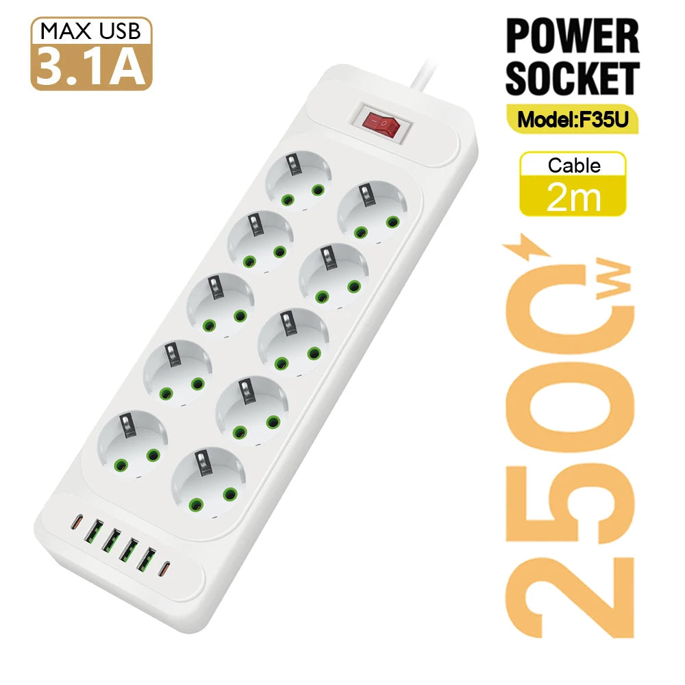 EU Plug Power Strip with 6 Outlets & 5 USB Ports