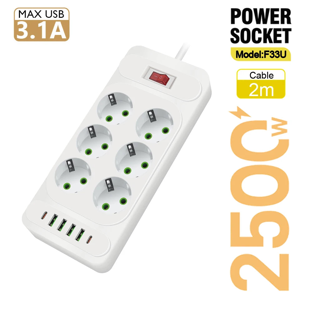 EU Plug Power Strip with 6 Outlets & 5 USB Ports