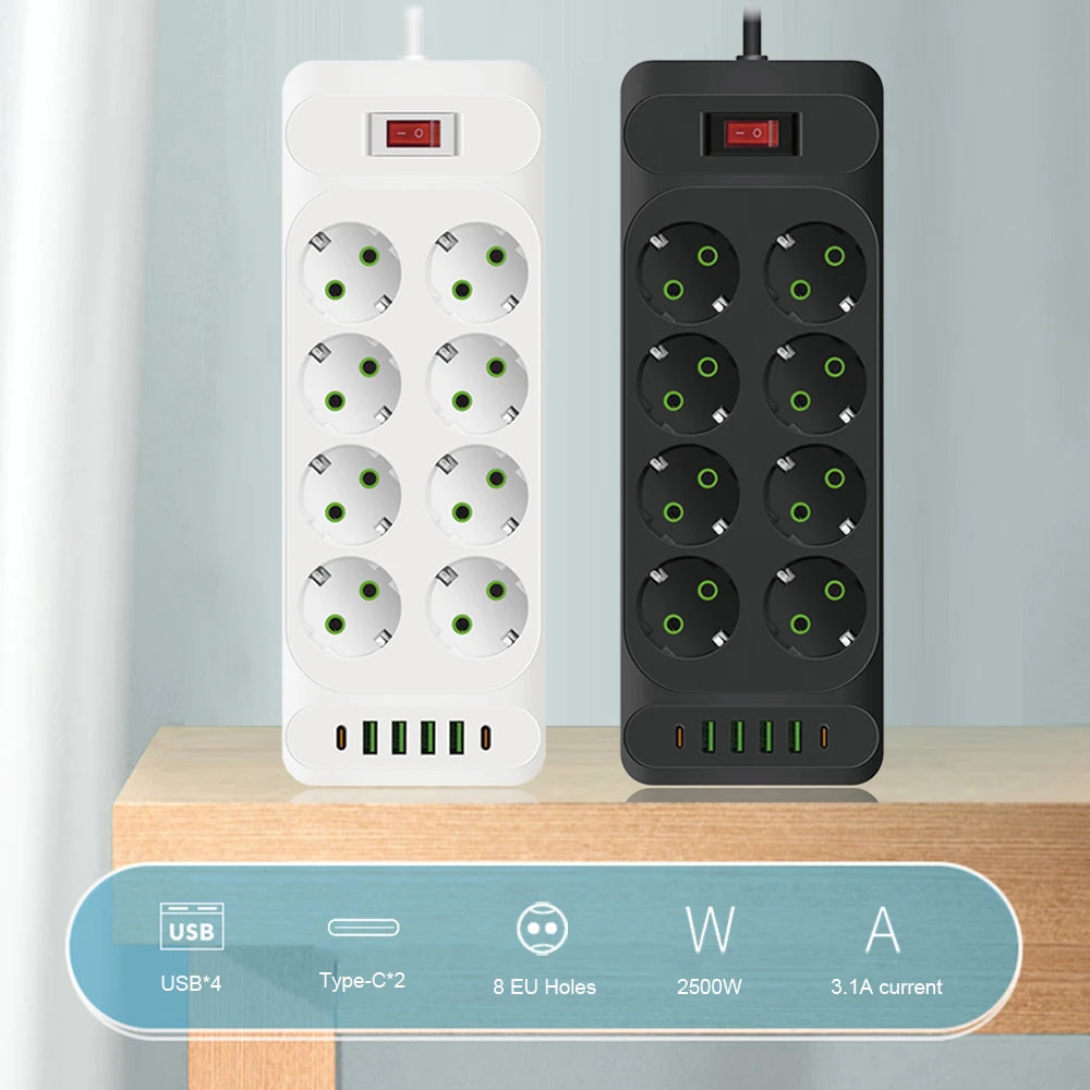 EU Plug Power Strip with 6 Outlets & 5 USB Ports