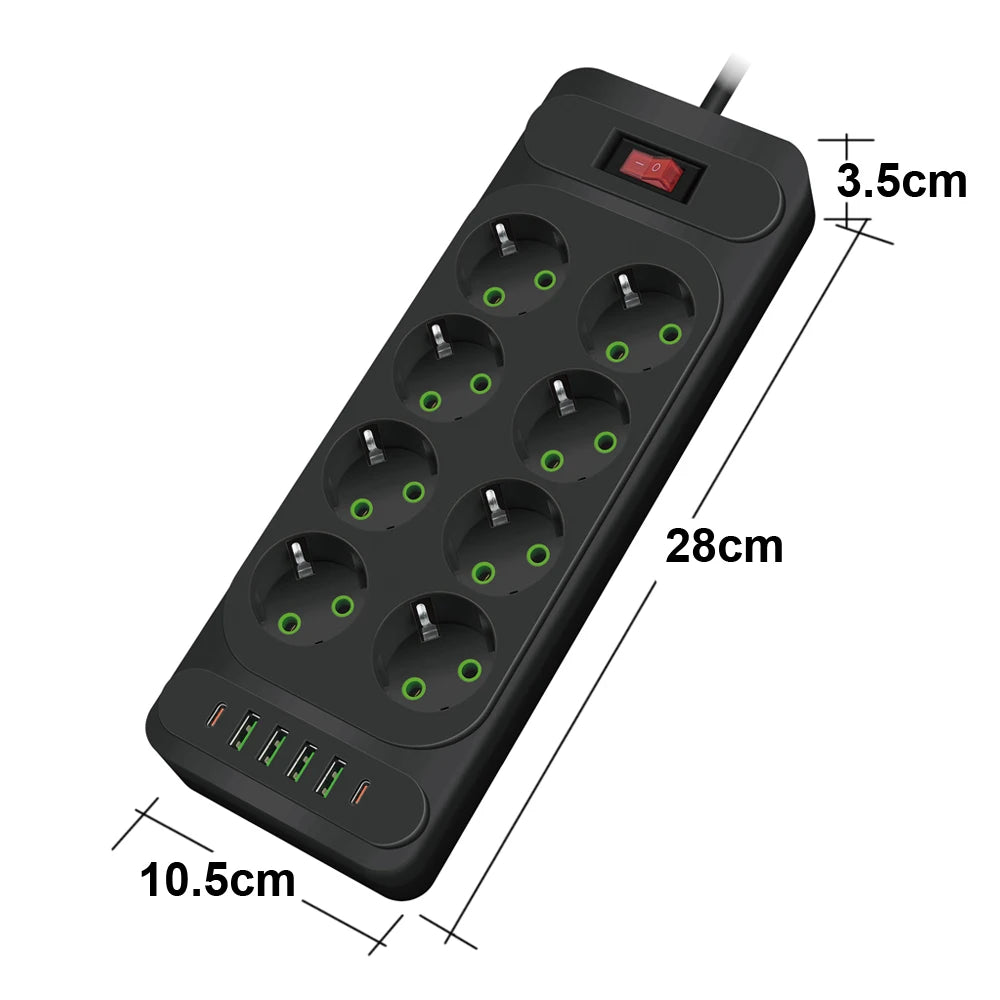 EU Plug Power Strip with 6 Outlets & 5 USB Ports