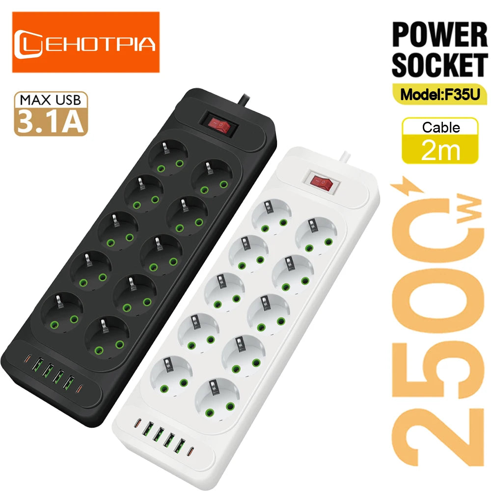 EU Plug Power Strip with 6 Outlets & 5 USB Ports