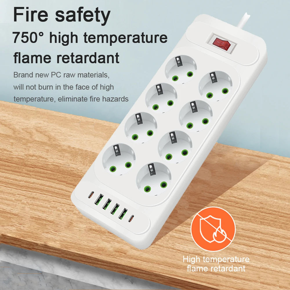 EU Plug Power Strip with 6 Outlets & 5 USB Ports