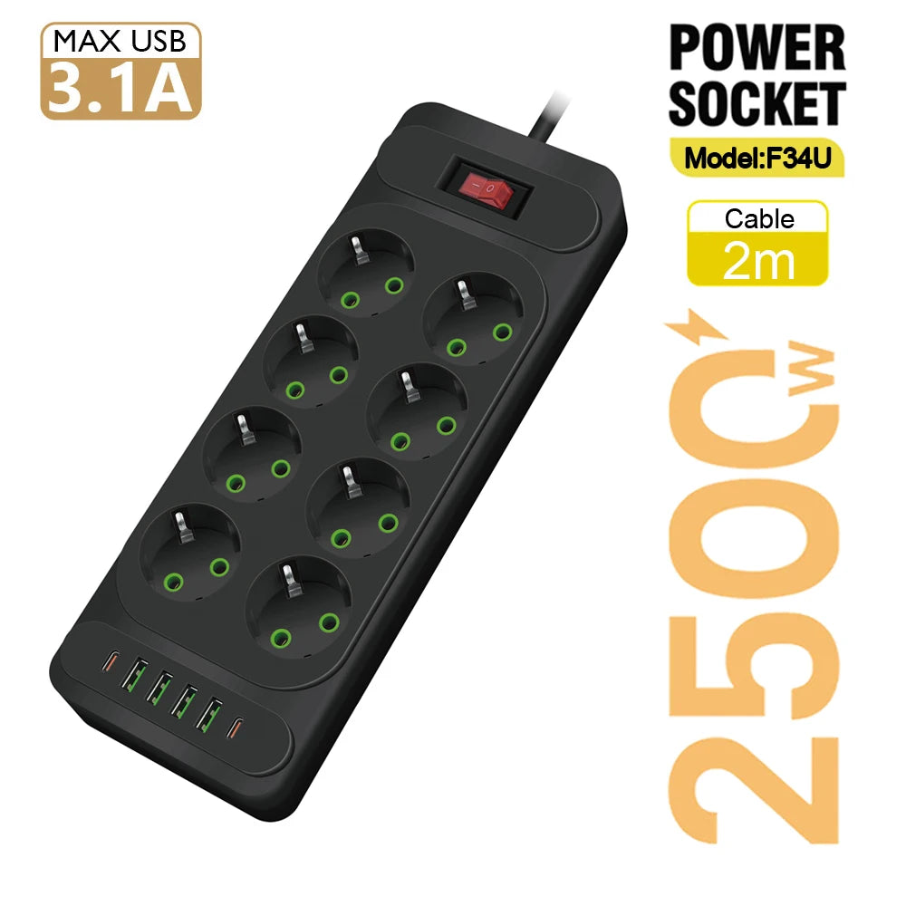 EU Plug Power Strip with 6 Outlets & 5 USB Ports