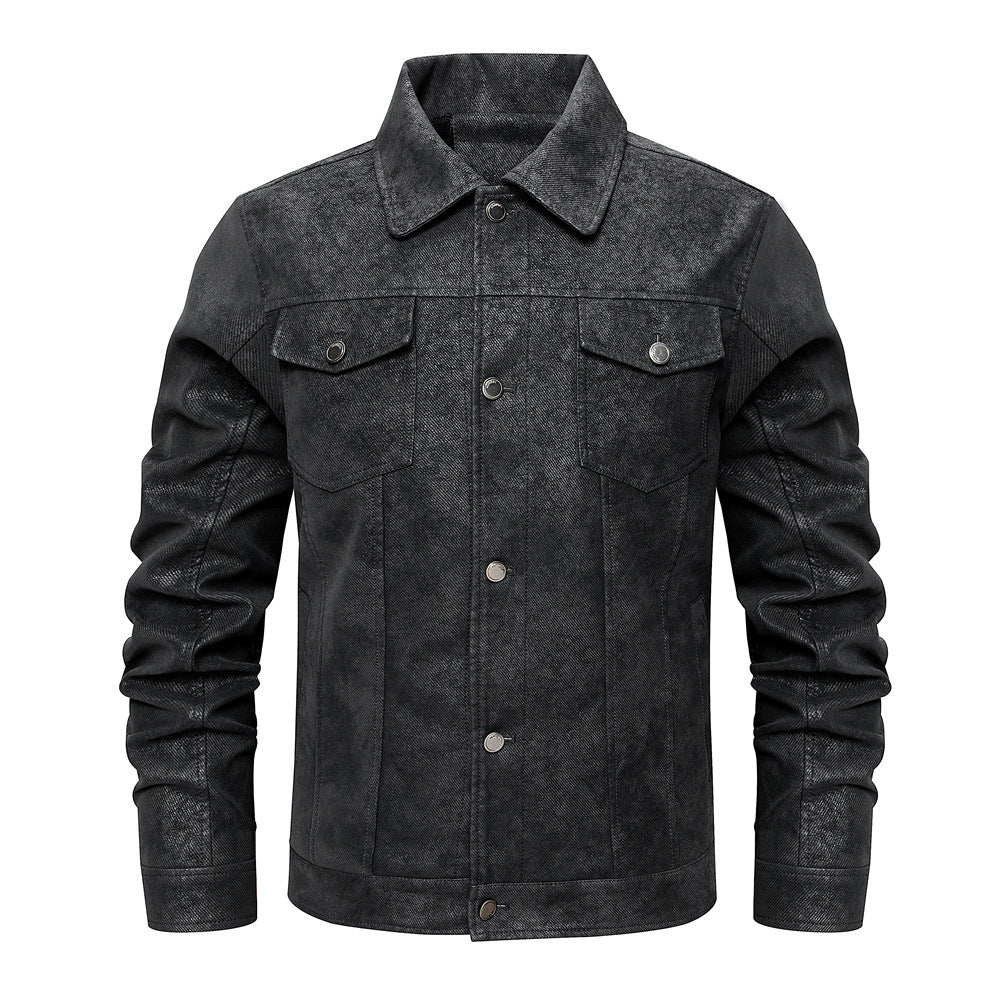 Men's Lapel Leather Jacket Chest Button Pocket Casual Slim Fit