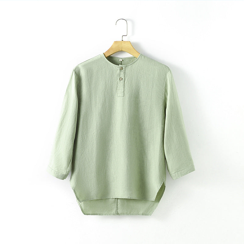 Casual Linen Men's Simple Round Neck 34 Sleeves Linen T-shirt Loose Breathable Top