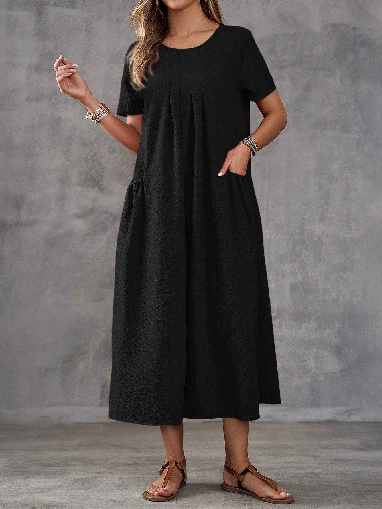 Solid Color Dual Pocket Casual Beach Dress for Women