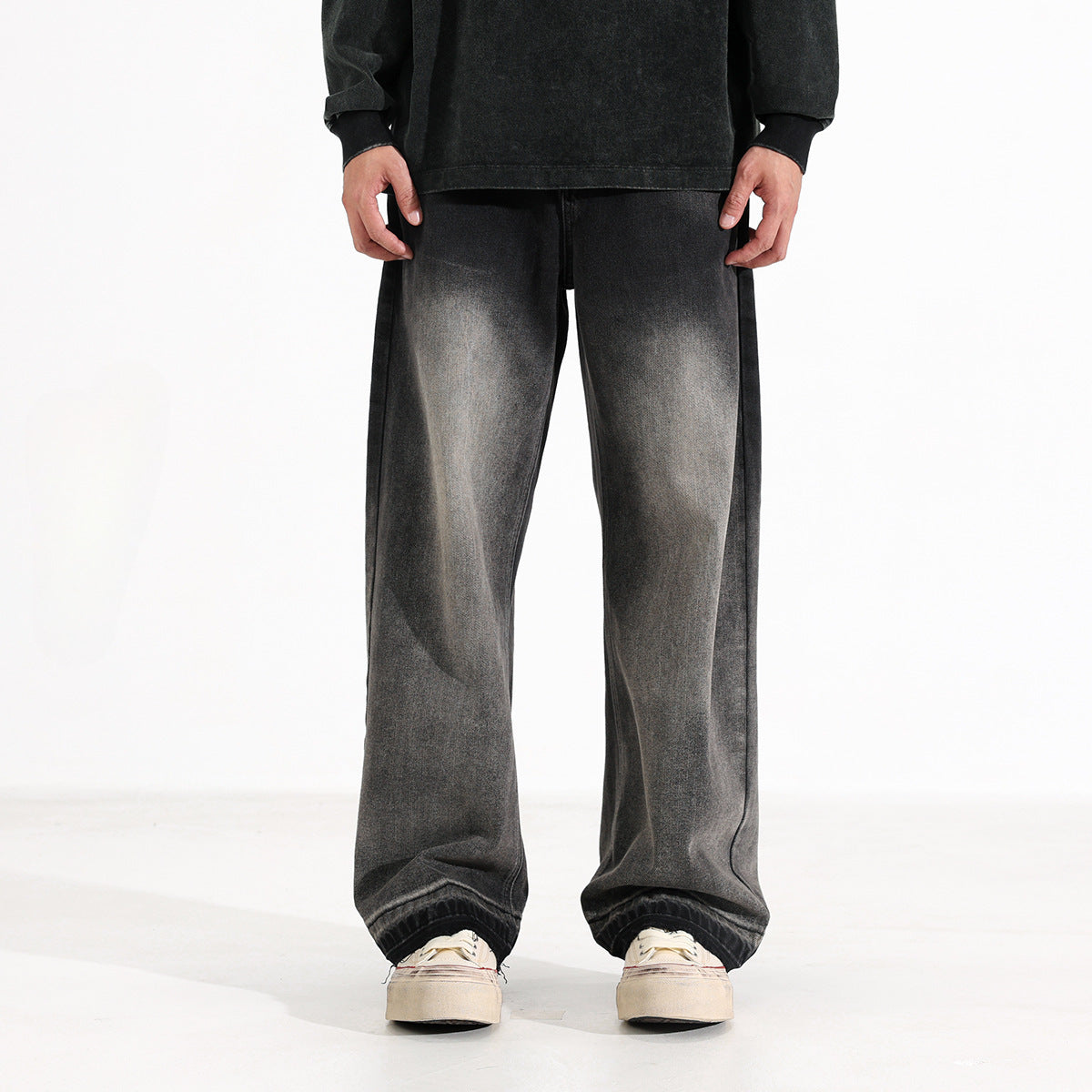 American-Inspired Heavy-Washed Black & Gray Straight-Leg Jeans for Men