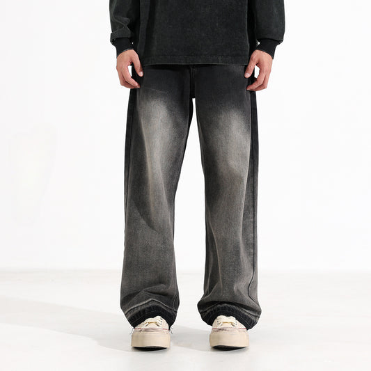 American-Inspired Heavy-Washed Black & Gray Straight-Leg Jeans for Men