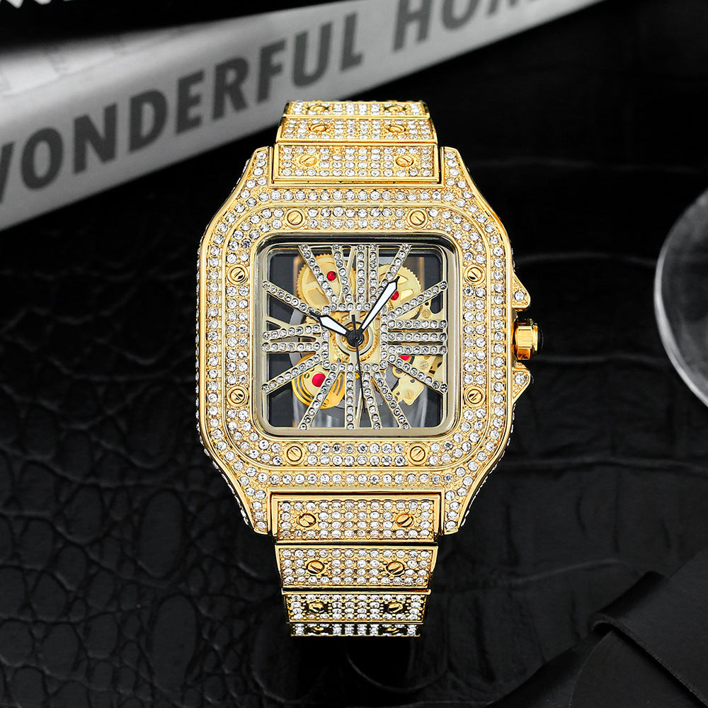 Square Special-interest Design Hollow Full Diamond Quartz Watch