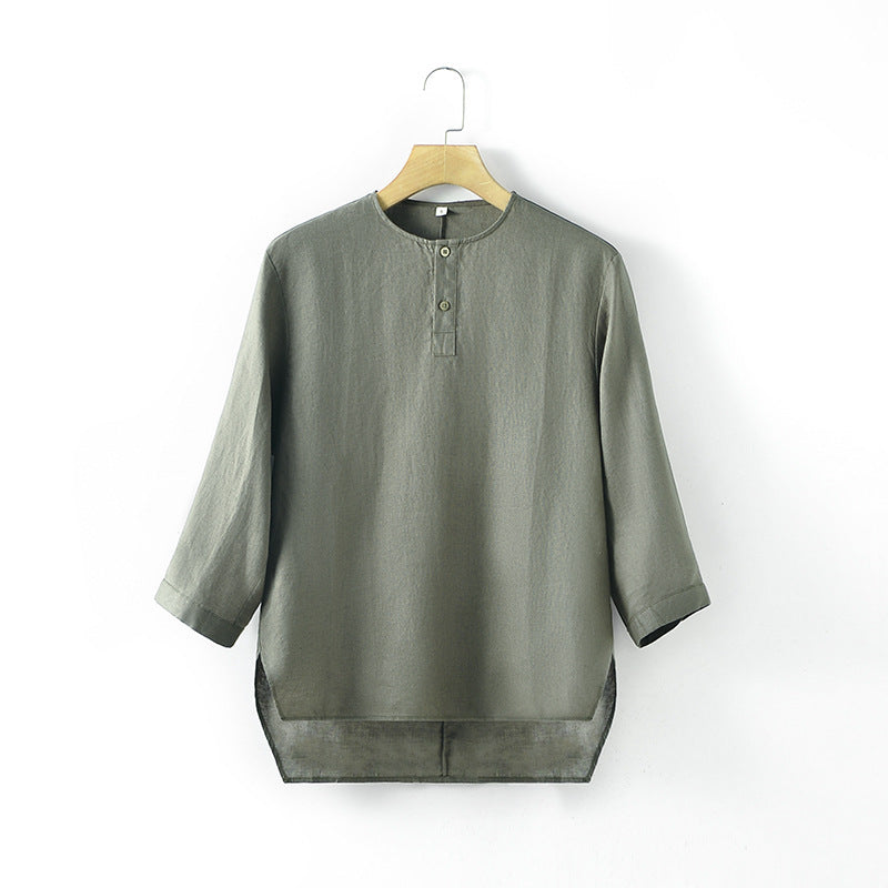 Casual Linen Men's Simple Round Neck 34 Sleeves Linen T-shirt Loose Breathable Top